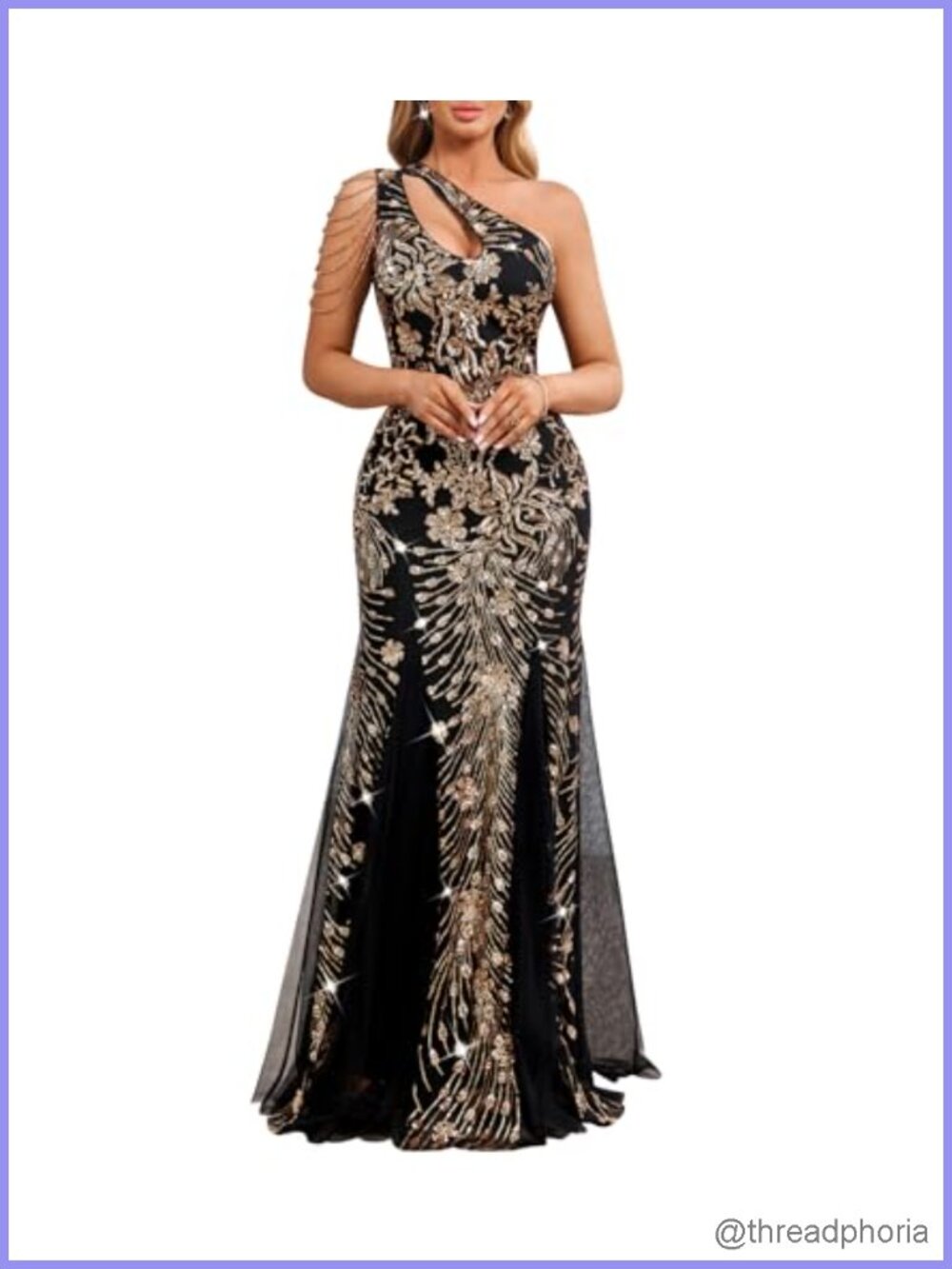 One Shoulder Sequin Formal Dress Tulle Hem Mesh Mermaid Evening Gown
